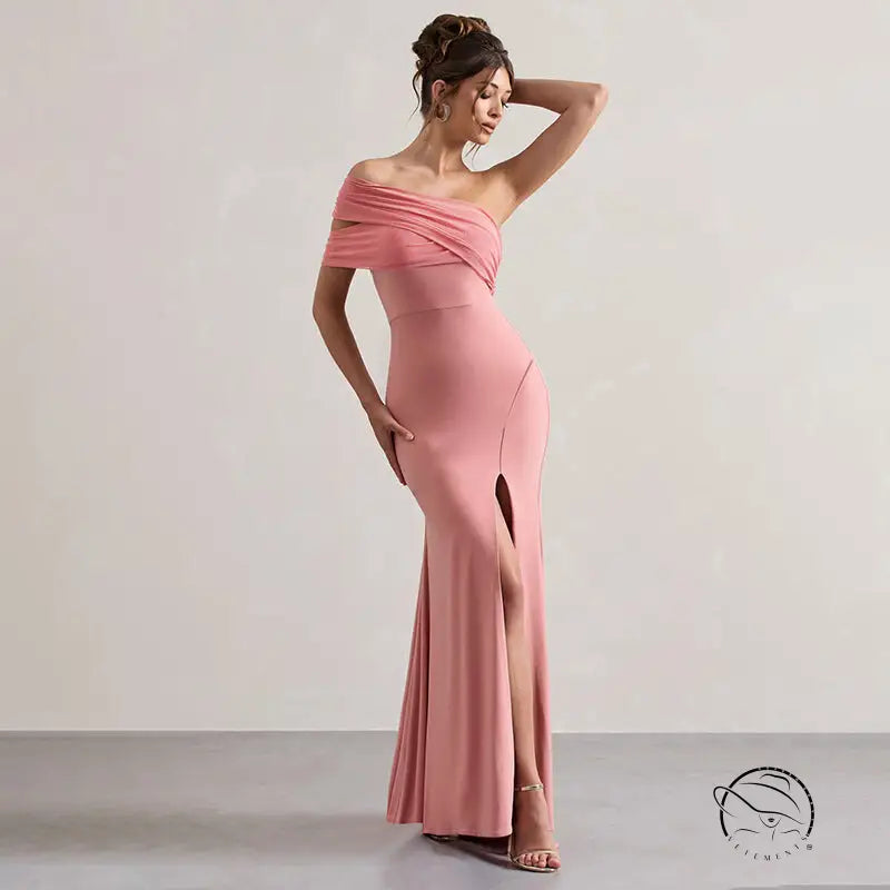 Elegant pink off-the-shoulder split dress in enchanting mesh stitching fashion