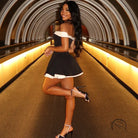 Elegant black and white off-the-shoulder langry fashion dress