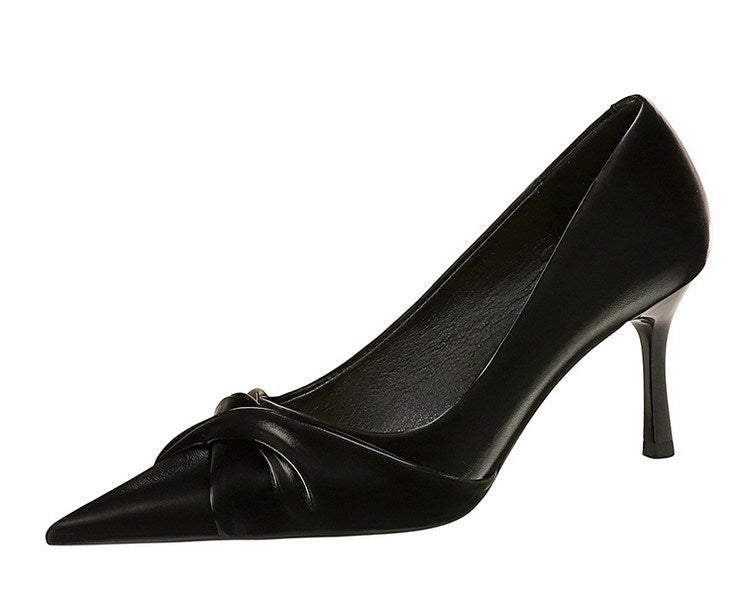 Elegant black satin bow pump in Langry thinner stiletto heel fashion