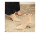 Elegant beige suede langry fashion ankle boots with pointed toe and slim heel