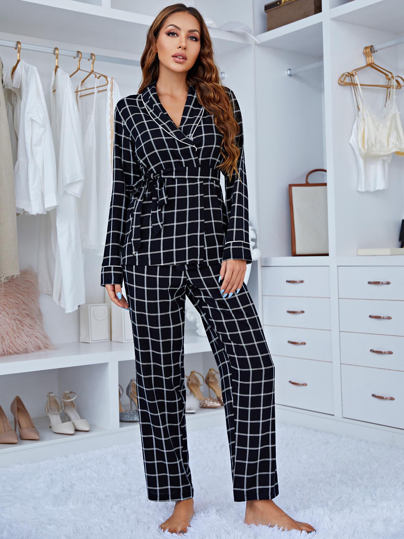 Comfy Plaid Long Sleeve Deep V-Neck Black and White Pajama Set