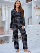 Comfy Plaid Long Sleeve Deep V-Neck Black and White Pajama Set
