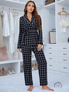Comfy Plaid long sleeve deep V-neck pajama set in black and white
