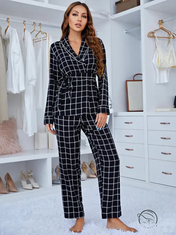 Comfy Plaid long sleeve deep V-neck pajama set in black and white