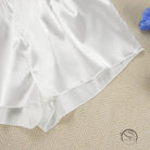 White satin shorts with ruffled hem for luxury home wear fashion
