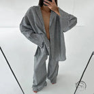 Langry fashion loose striped casual shirt in gray white vertical stripes