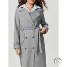 Grey wool trench coat with double-breasted buttons and belt detail in Langry fashion ملابس