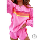 Pink loose slim fit casual two piece sweatshirt and shorts set with retro rainbow stripes