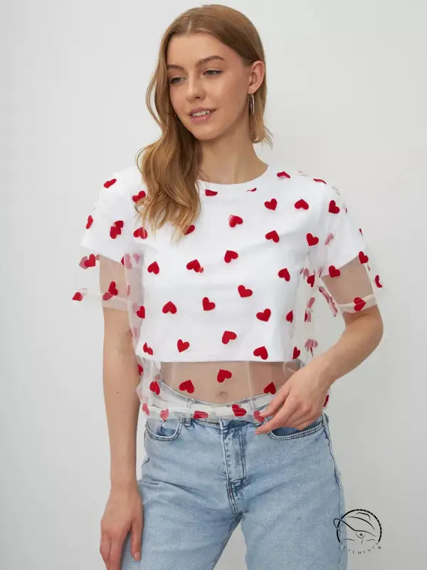 Elegant faux cotton short white mesh crop top with red heart pattern