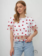 Elegant faux cotton short white mesh crop top with red heart pattern