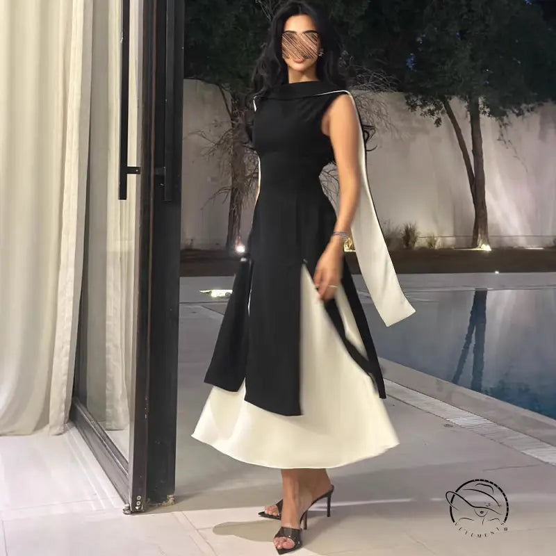 Multicolor sleeveless slim elegance retro dress with asymmetrical hem