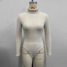 Cream ribbed long sleeve turtleneck bodysuit in slim fit fashion