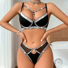 Black and silver rhinestone bra set with love ring buckle hearts