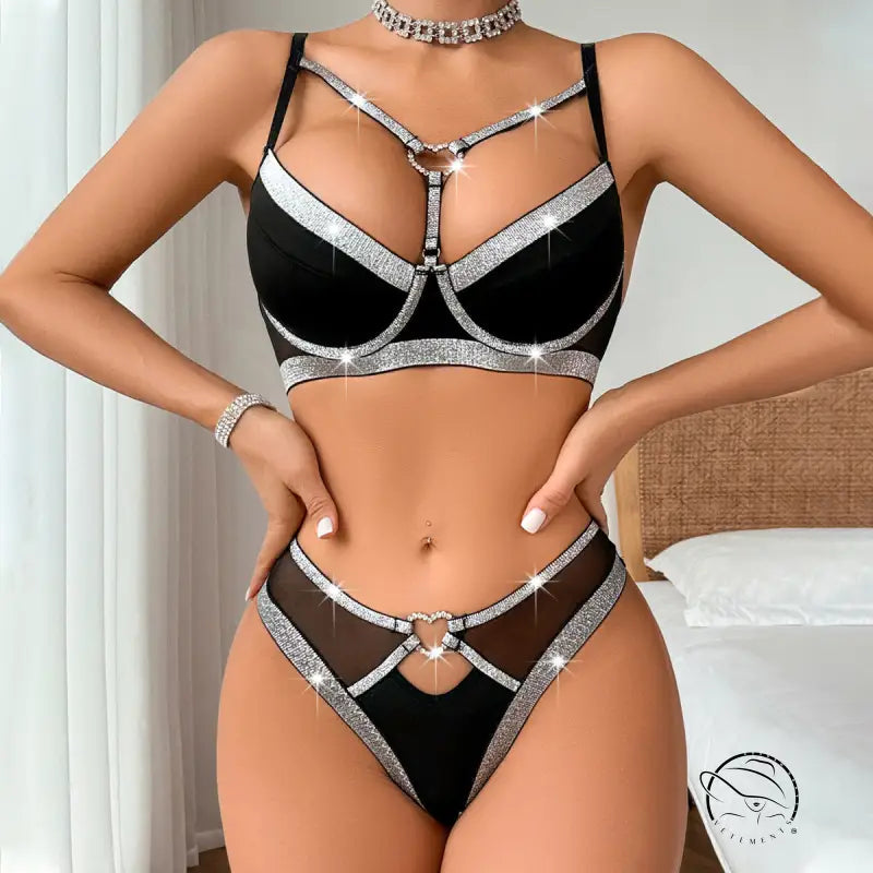 Black and silver rhinestone bra set with love ring buckle hearts