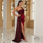 Elegant long sequined sleeveless diagonal collar burgundy gown with high slit