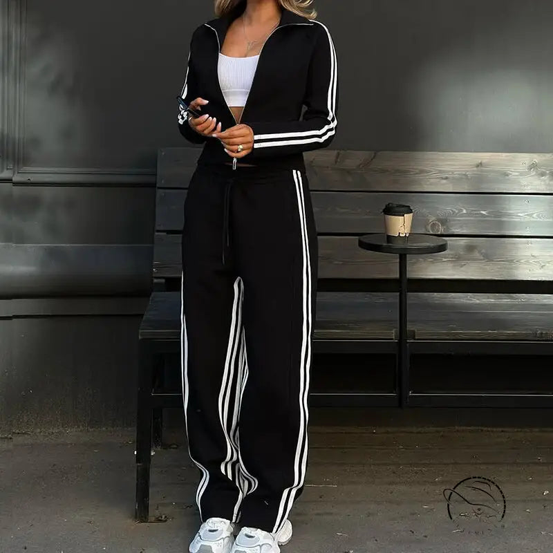 Black long sleeve tracksuit with white stripes, casual fashion set