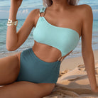 Asymmetrical one-shoulder mint and teal swimsuit, a stylish choice in ملابس fashion