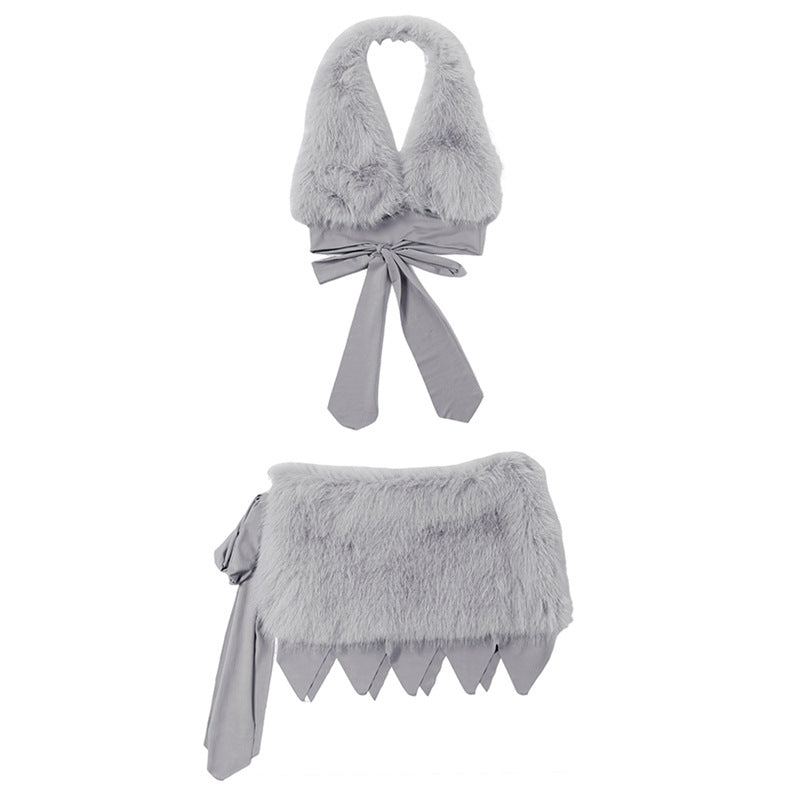 Langry fashion grey faux fur scarf with bow tie in elegant set
