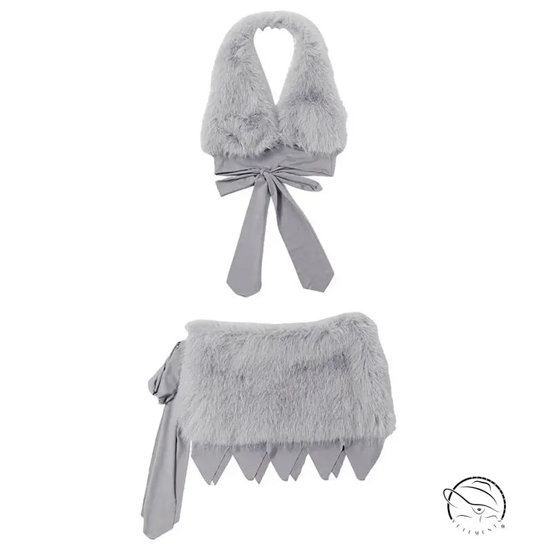 Elegant halter camisole set with grey faux fur scarf bow tie