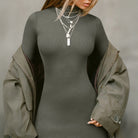 Sleek dark gray ribbed turtleneck langry fashion dress, fitted silhouette