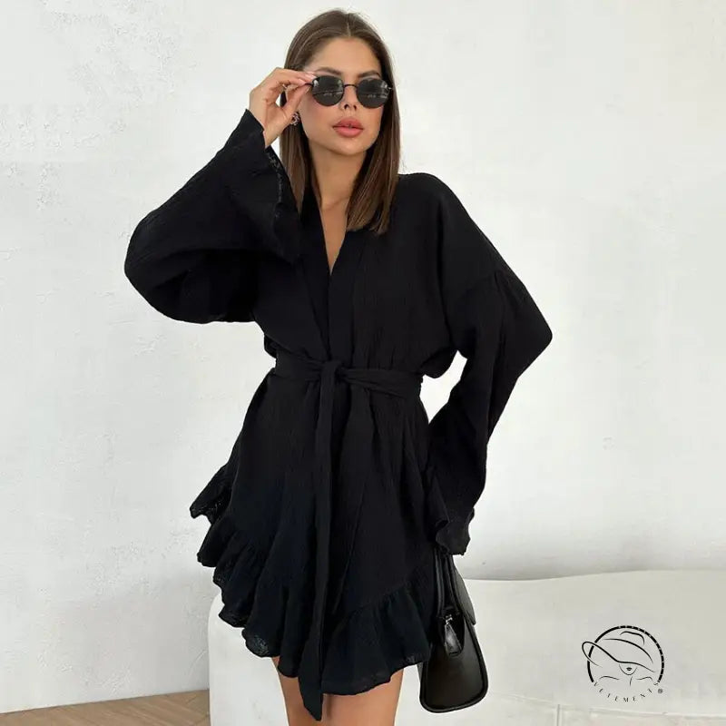 Black long-sleeved mini dress with tie-waist and ruffled hem in loose shorts ruffled pajamas