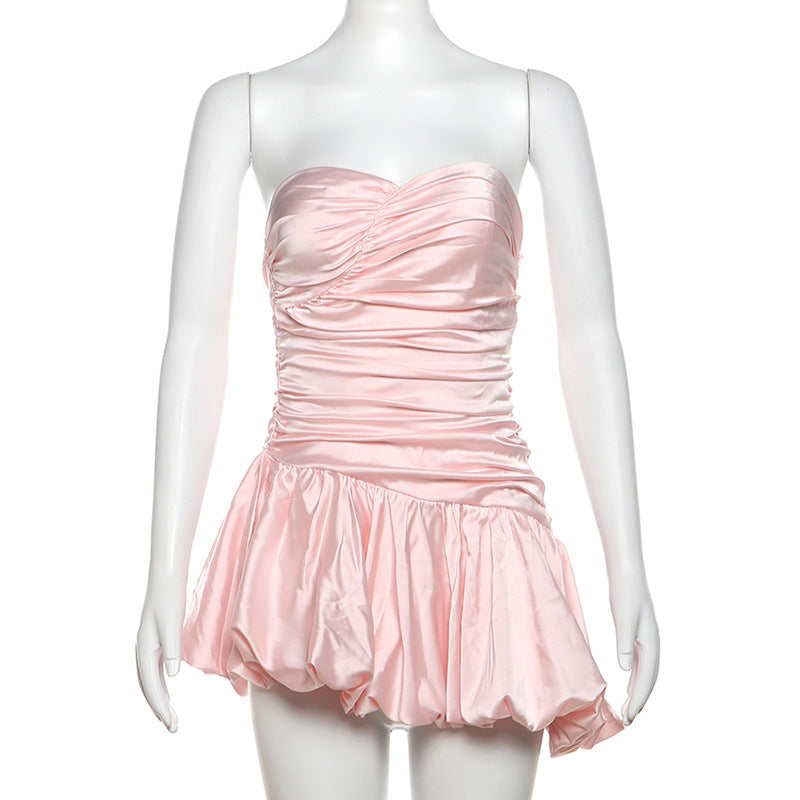 Pink strapless bubble dress with ruched bodice, perfect for summer fashion ملابس