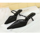 Langry fashion mesh lace pointed toe stiletto sandal with black mule heels