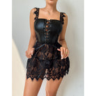 Langry fashion black lace corset faux leather nightdress with frayed edges