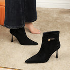Langry fashion black suede ankle boots with pointed toes, metallic accents, belt buckle, side zipper high heel