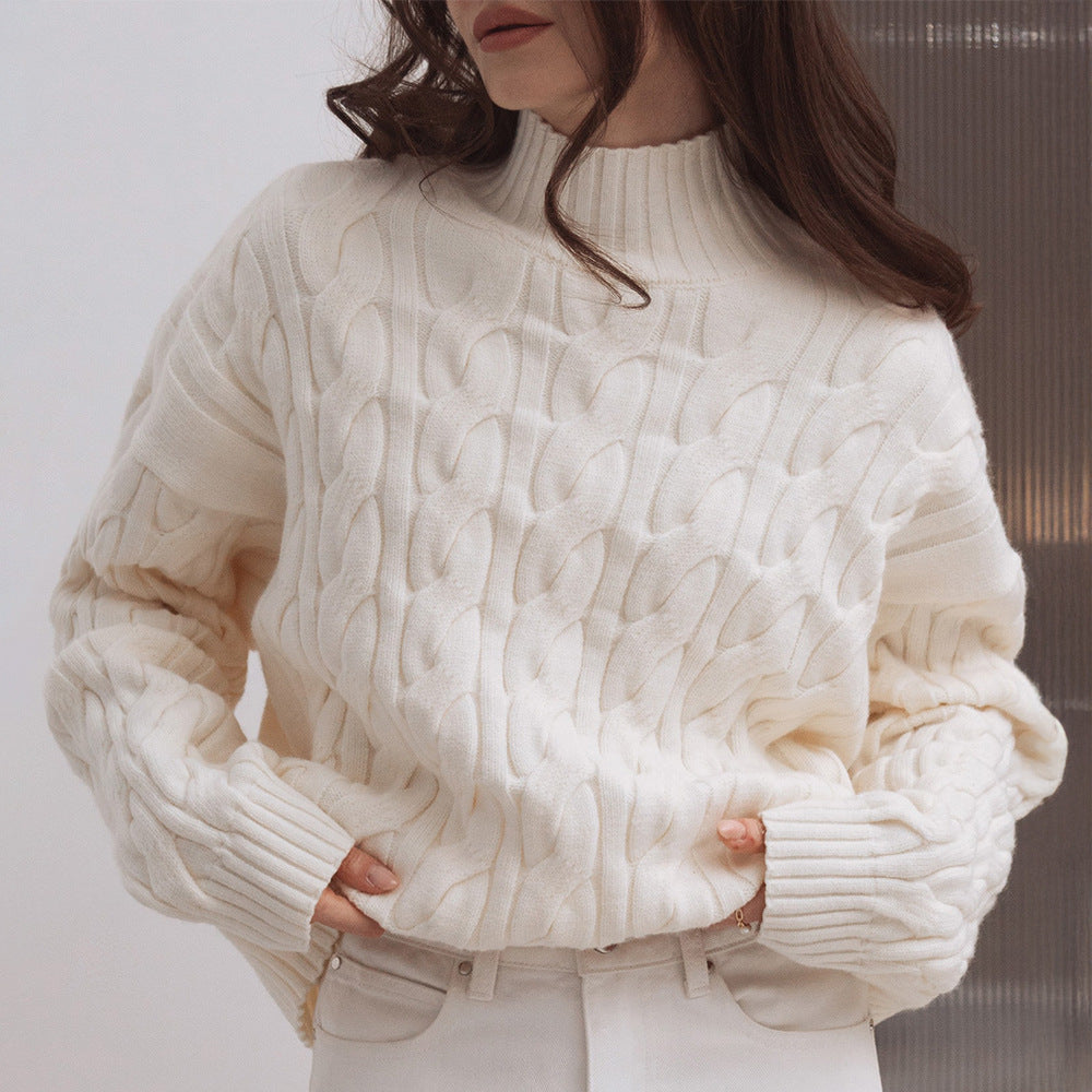 Langry fashion cream cable knit sweater with high neck and ribbed cuffs