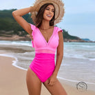 Pink two-tone ruched one-piece swimsuit with cap sleeves by Langry fashion