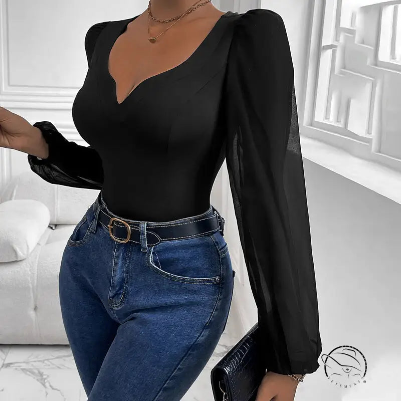 Women Clothing Black Mesh Stitching v Neck Jumpsuit