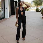 Langry fashion black halter deep V backless jumpsuit with cutouts