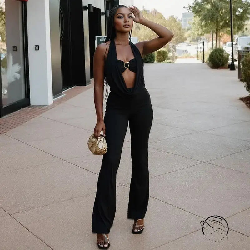 Langry fashion halter deep V plunge backless jumpsuit in black with cutouts and metallic accents