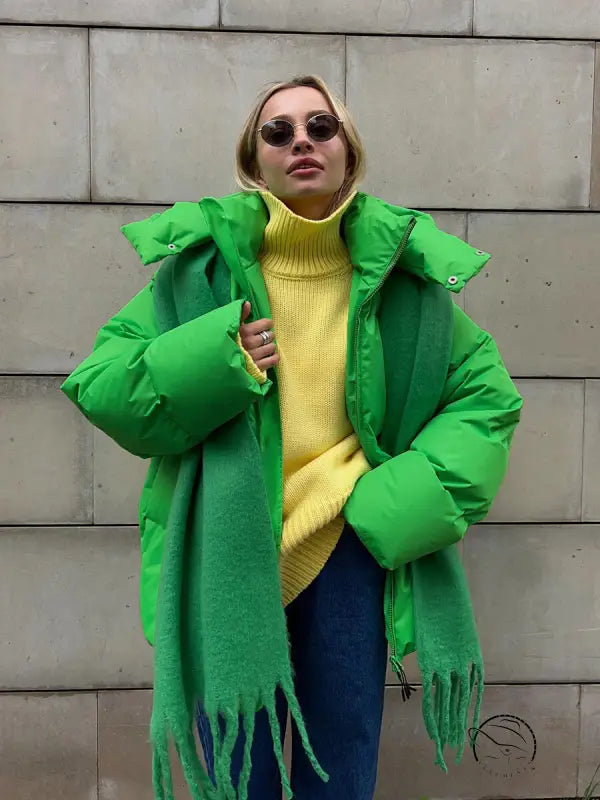 Bright green langry puffer fashion coat jacket with matching scarf