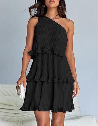 Black one-shoulder layered stitching hem pleated dress with stunning shoulder detail