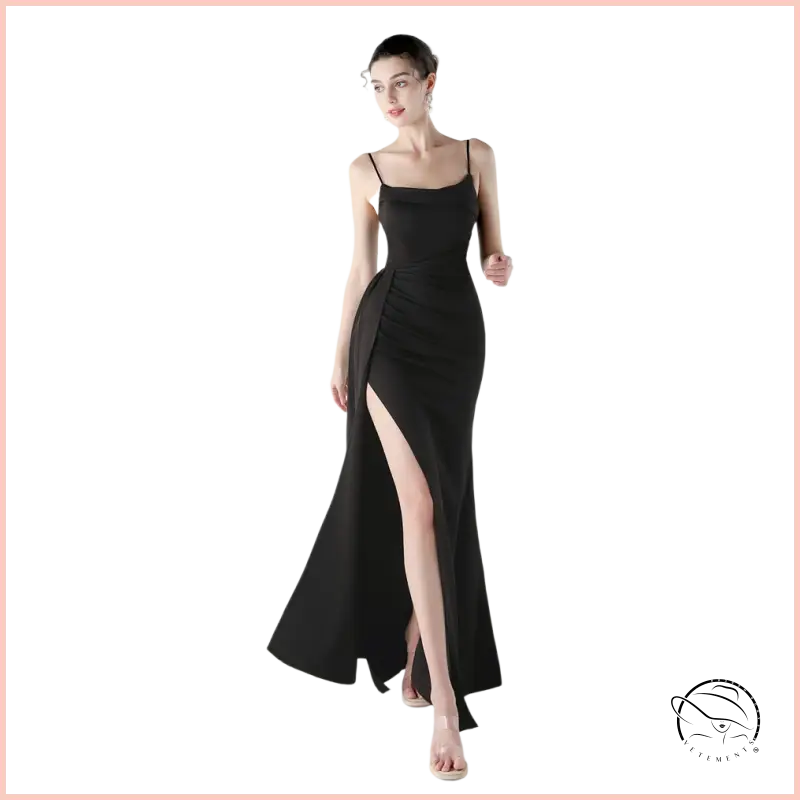 Elegant black satin langry slip dress with high slit