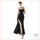 Elegant black satin langry slip dress with high slit