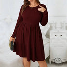 Elegant red midi dress: plus-size long-sleeve tiered smock in burgundy