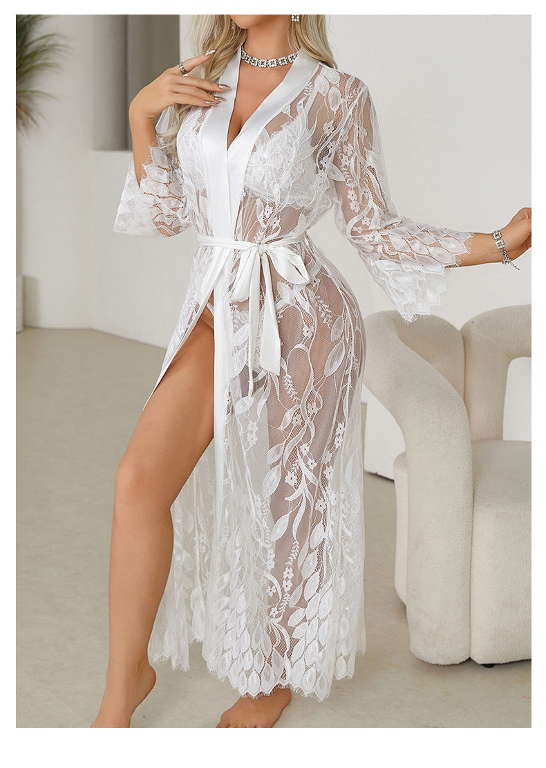 Elegant white lace stitching cardigan pajamas with floral pattern and tie belt in lingerie fashion
