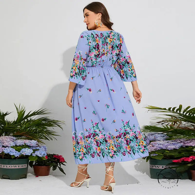 Plus-size light blue floral chiffon spring dress with elastic waist and bell sleeves