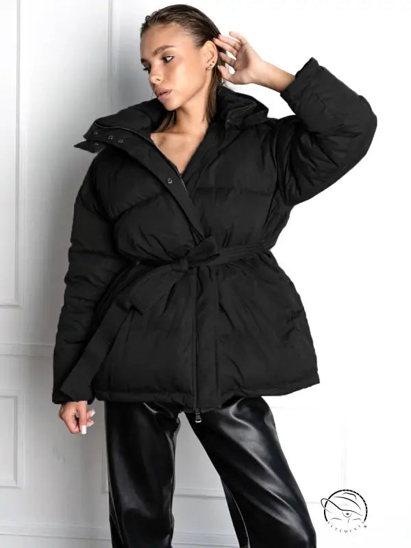 Langry fashion hooded thickened thermal zipper belted black puffer coat