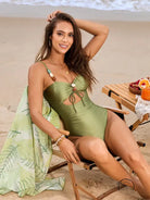 Sage green one-piece swimsuit with bust tie detail, Light & Elegant fashion