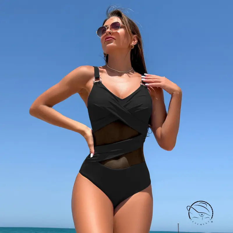 Black langry one-piece bikini swimsuit with mesh panels