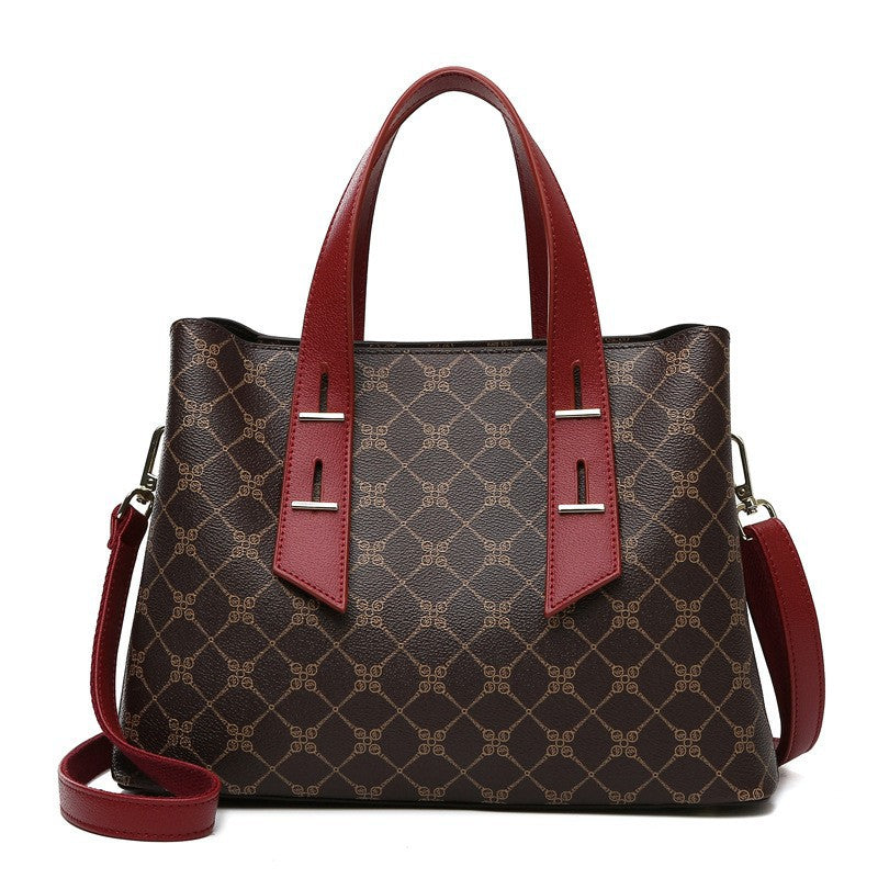 Langry fashion brown and red patterned soft leather tote bag with silver hardware