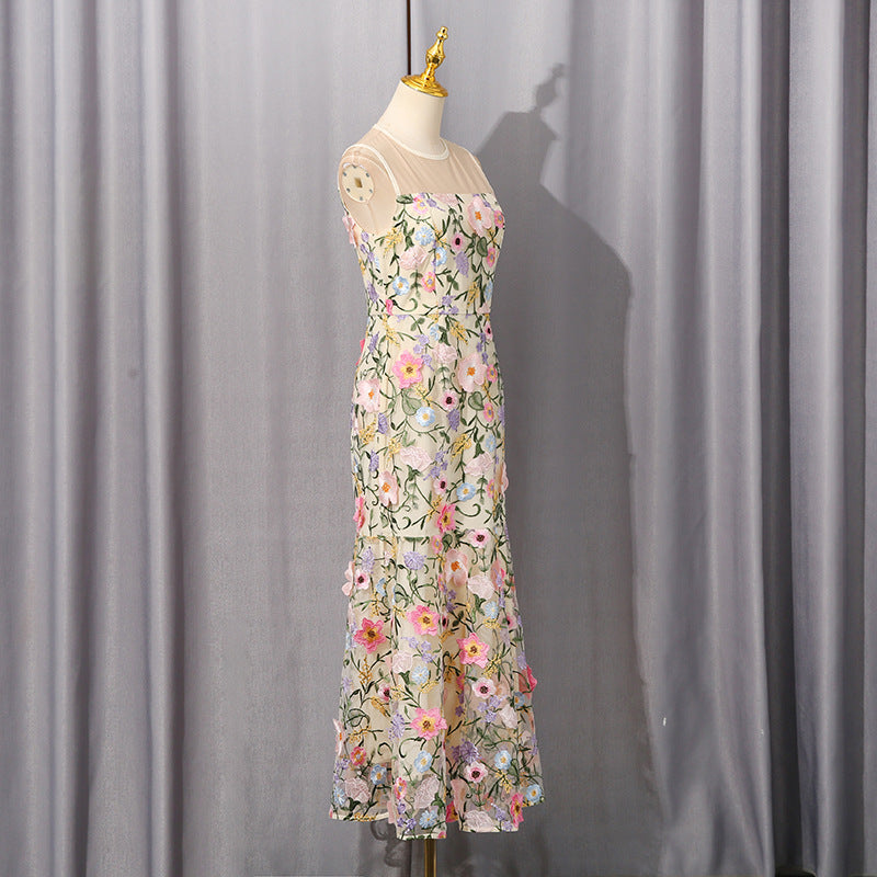 Elegant Langry fashion fishtail hem mesh stitching dress in pastel florals