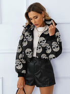 Woman’s black skull-patterned puffer jacket from Elegant Thermal Cotton Padded Coat, stylish fashion ملابس