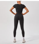 Langry black short-sleeved form-fitting yoga fitness bodysuit