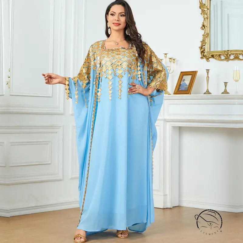 Light blue langry fashion kaftan with gold embroidery and sheer sleeves