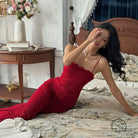 French high grade red lace dress with spaghetti straps, langry fashion ملابس